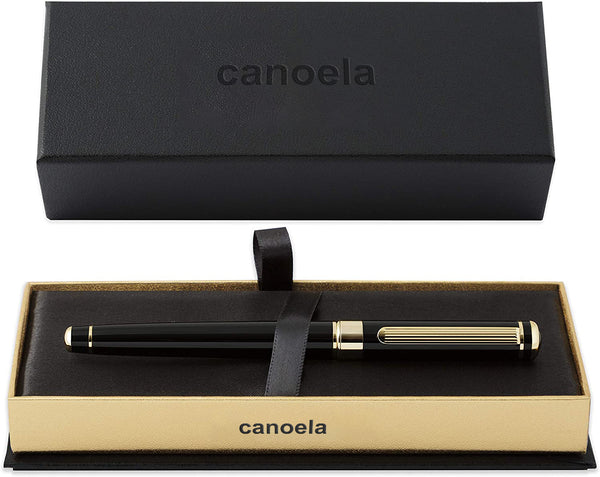 canoela Black Lacquer Rollerball Pen - Stunning Luxury Pen with 24K Gold Finish, Schmidt Ink Refill, Best Roller Ball Pen Gift Set for Men & Women, Professional, Executive Office, Nice Pens